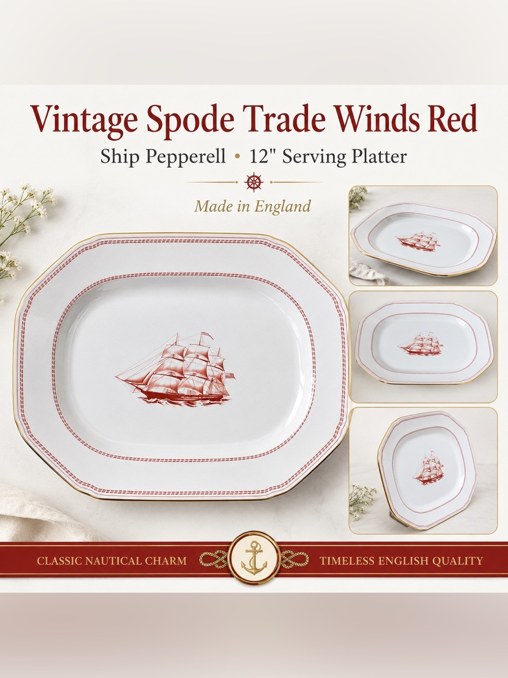 1960s Vintage 12" Oval Serving Platter Trade Winds Red with Gold Trim by SPODE